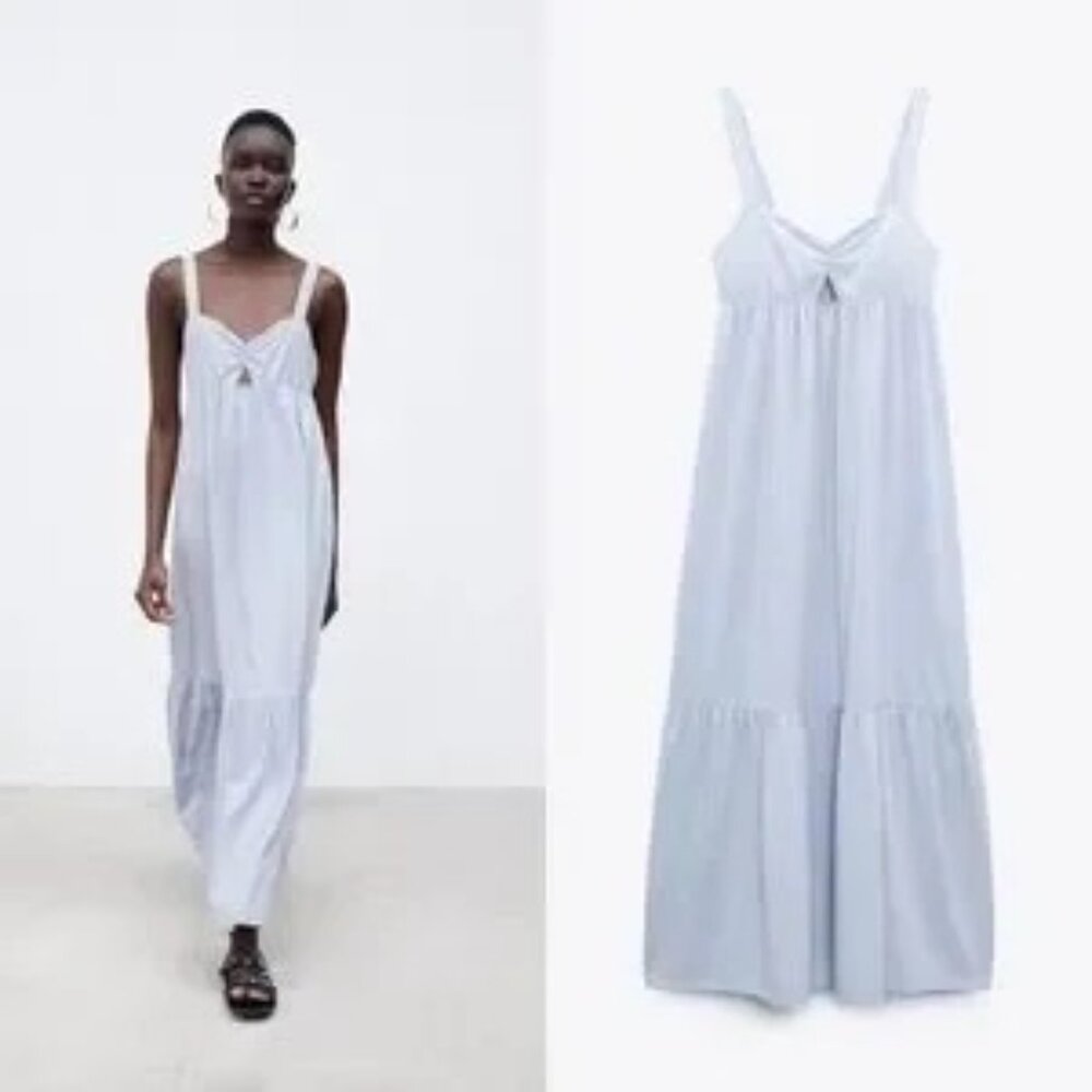 Zara Women's Strappy 100% Cotton Maxi Dress Gathered Front Light Blue Size S